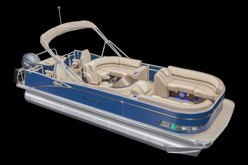 The Image of The image shows a modern pontoon boat with blue sides and beige seating. - 2
