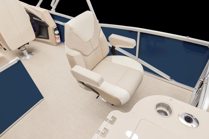Slide: The Image of Beige captain's chair on a pontoon boat with blue side panels and a cup holder. - 12