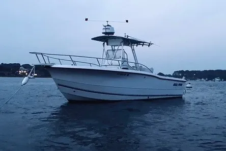 The Image of 2001 Sea Pro 235 Center Console boat anchored on calm water at dusk. - 0