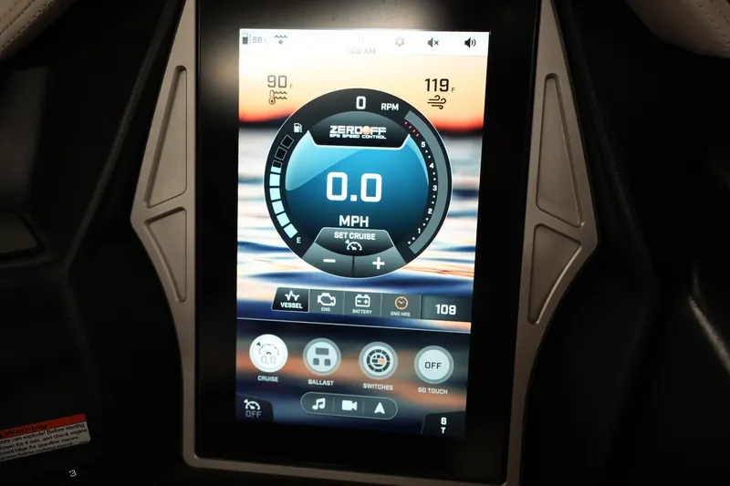 Slide: The Image of Touchscreen display of 2021 Tigé 25ZX boat showing speed and control settings. - 21