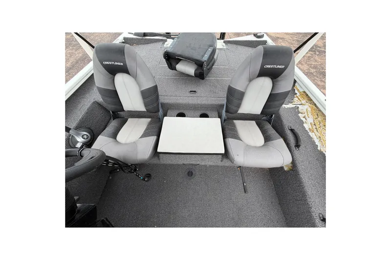 Slide: The Image of 2022 Crestliner XF 189 boat interior with two gray seats and a center console. - 22