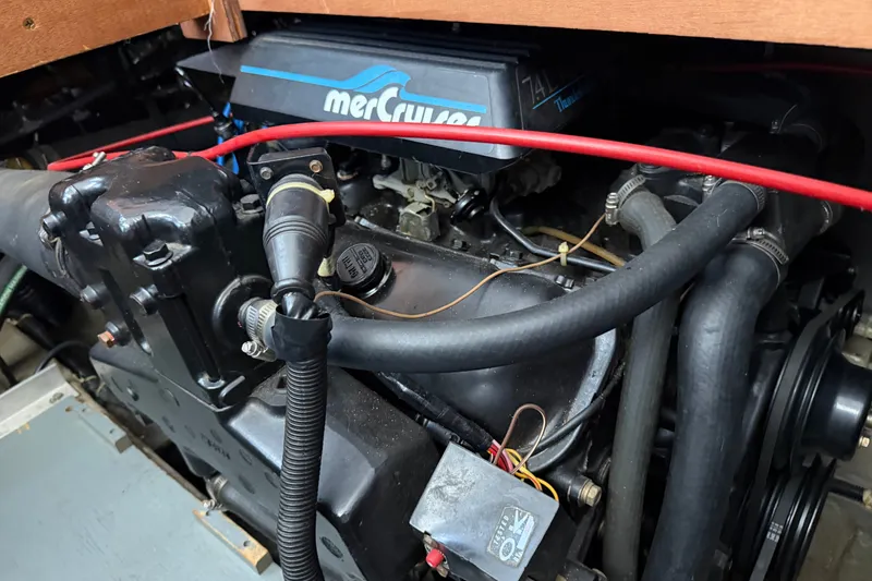 Slide: The Image of Engine compartment of 1989 Carver 3607 Aft Cabin Motor Yacht with MerCruiser components. - 46