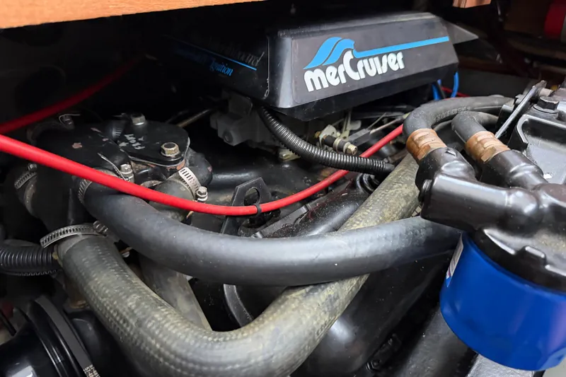 Slide: The Image of Engine compartment of 1989 Carver 3607 Aft Cabin Motor Yacht with MerCruiser components. - 44