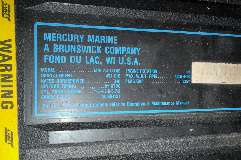 Slide: The Image of Mercury Marine engine specifications label on 1989 Carver 3607 Aft Cabin Motor Yacht. - 56