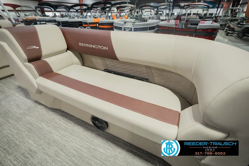 Slide: The Image of Luxurious seating on 2027 Bennington 22 SLJ pontoon boat, showcased at Reeder Trausch Marine. - 51