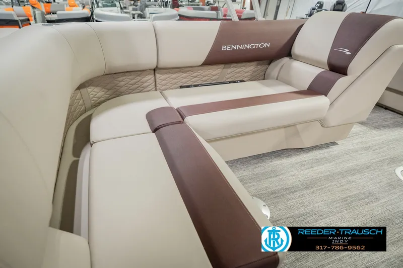 Slide: The Image of Luxurious seating in the 2027 Bennington 22 SLJ pontoon boat, featuring elegant upholstery. - 52