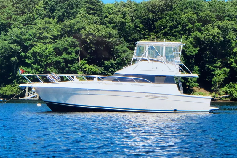 Slide: The Image of 1995 Silverton 41 Convertible yacht on a serene lake with lush green forest backdrop. - 28