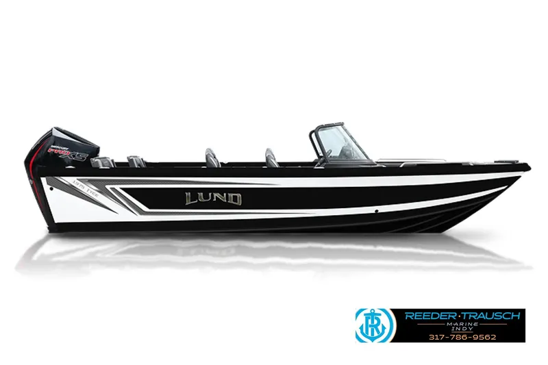 The Image of 2027 Lund 1975 Tyee boat, black and white design, side view, Reeder-Trausch Marine logo. - 1