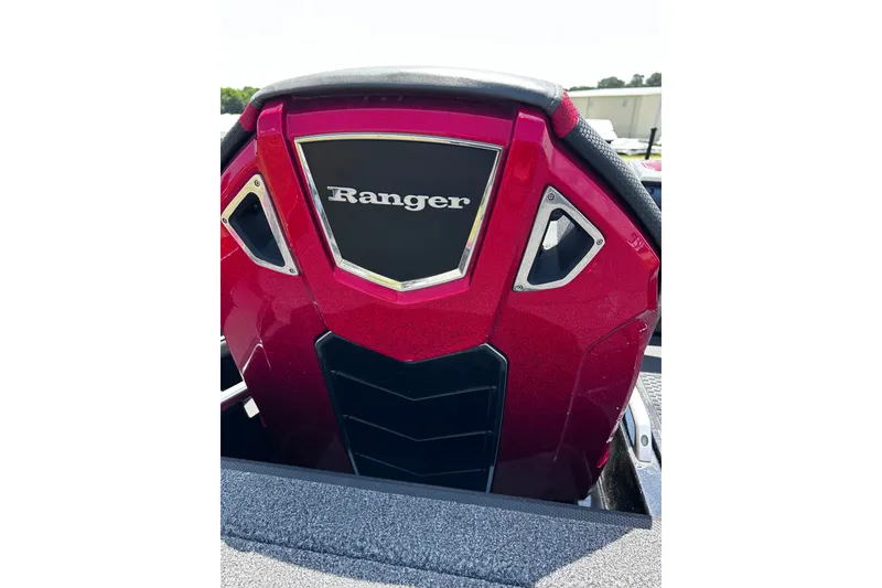Slide: The Image of 2024 Ranger Z520R boat engine in vibrant red, showcasing sleek design and branding. - 35