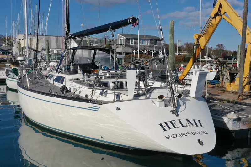 Slide: The Image of 1986 Baltic 48 DP sailboat docked at marina, named "Helmi" from Buzzards Bay, MA. - 7