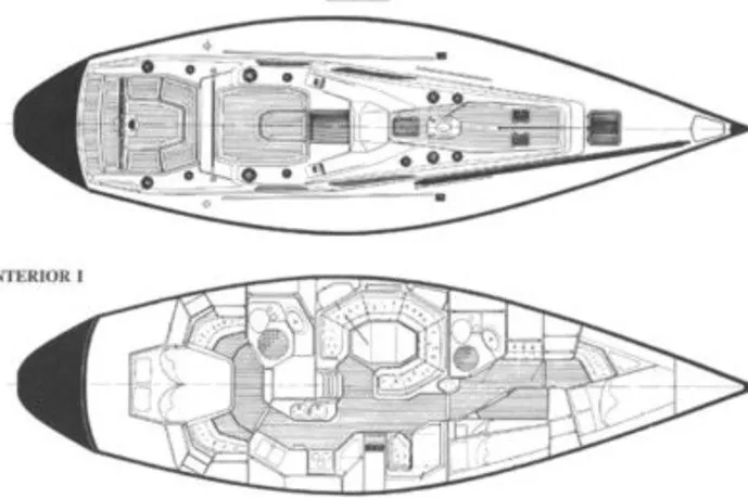 Slide: The Image of Blueprint of 1986 Baltic 48 DP sailboat, showcasing deck and interior layout. - 30