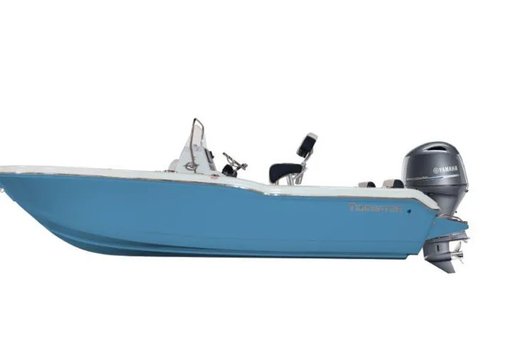 The Image of 2027 Tidewater 180 CC Adventure boat with Yamaha outboard, blue hull, side view. - 1