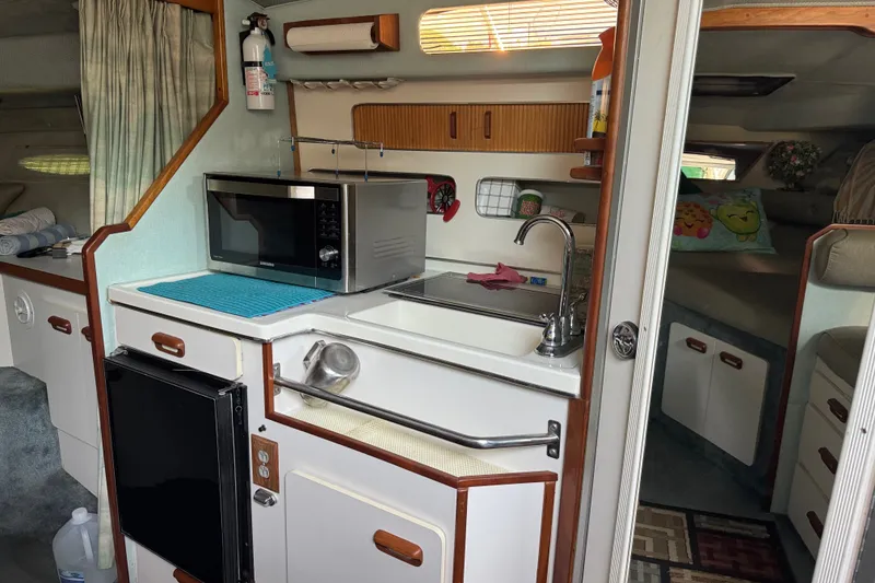 Slide: The Image of 1989 Sea Ray 300 Sundancer interior with kitchenette, microwave, and sink. - 15