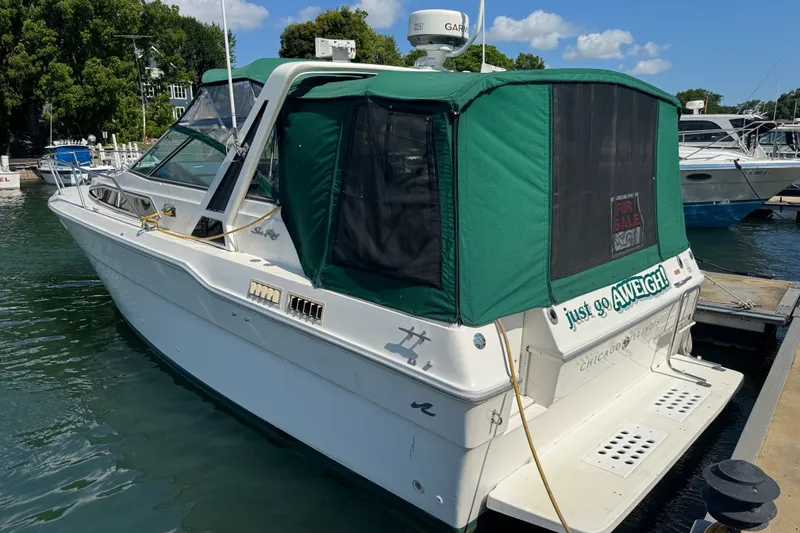 The Image of 1989 Sea Ray 300 Sundancer boat docked with green canopy, "For Sale" sign visible. - 1