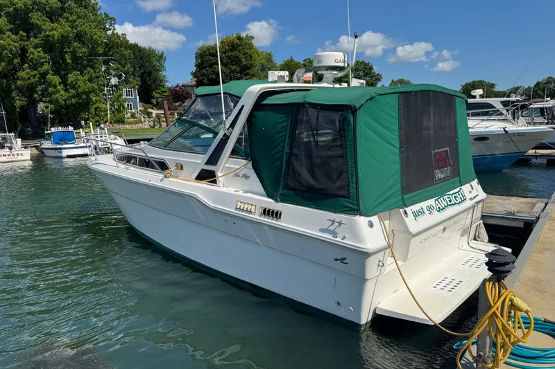 Slide: The Image of 1989 Sea Ray 300 Sundancer boat docked with green canopy, for sale sign visible. - 2