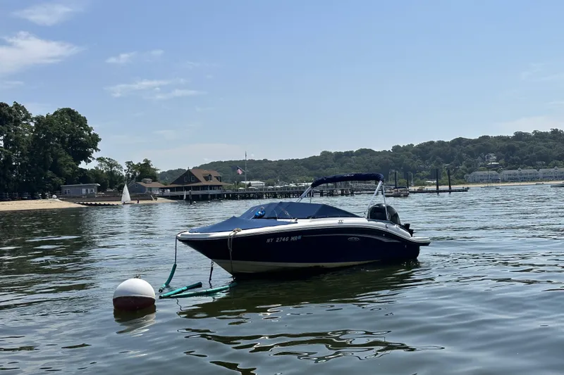 Slide: The Image of 2020 Sea Ray SPX 190 Outboard boat moored on calm water near a scenic shoreline. - 16