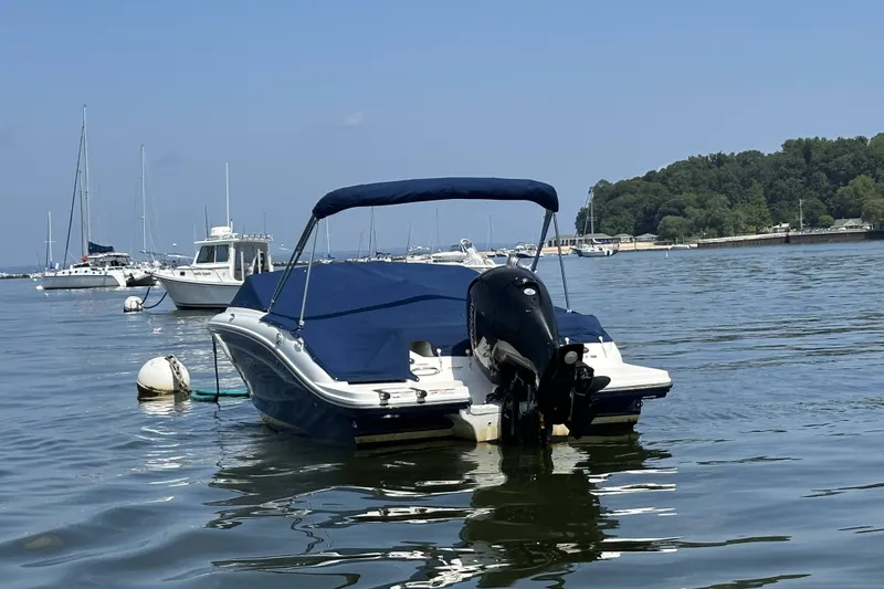 Slide: The Image of 2020 Sea Ray SPX 190 Outboard boat moored on calm water with scenic background. - 20