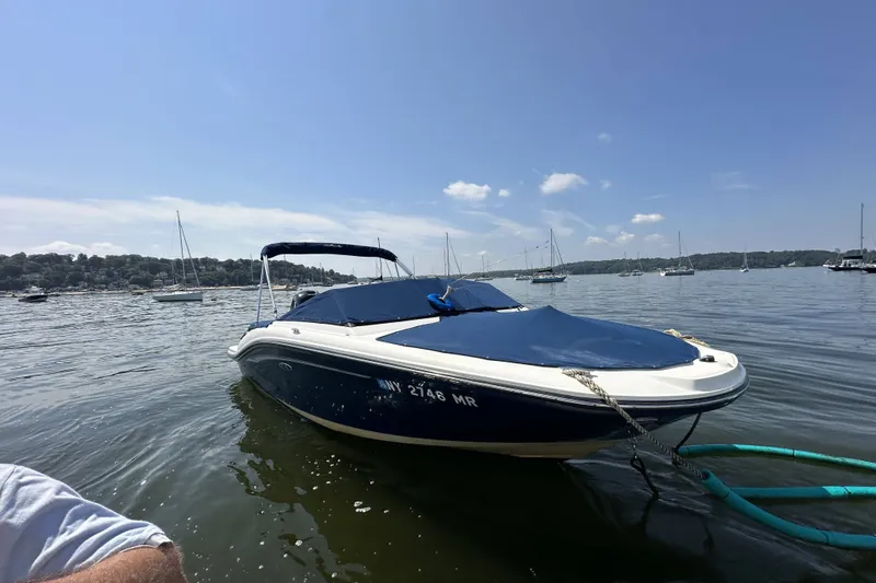 Slide: The Image of 2020 Sea Ray SPX 190 Outboard boat anchored on a calm lake under a clear blue sky. - 15