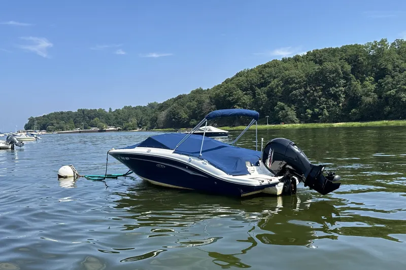 Slide: The Image of 2020 Sea Ray SPX 190 Outboard boat moored on a calm lake with forested shoreline. - 19