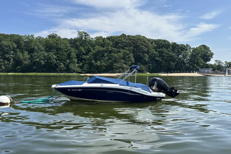 Slide: The Image of 2020 Sea Ray SPX 190 Outboard boat moored on a calm lake with forested shoreline. - 17