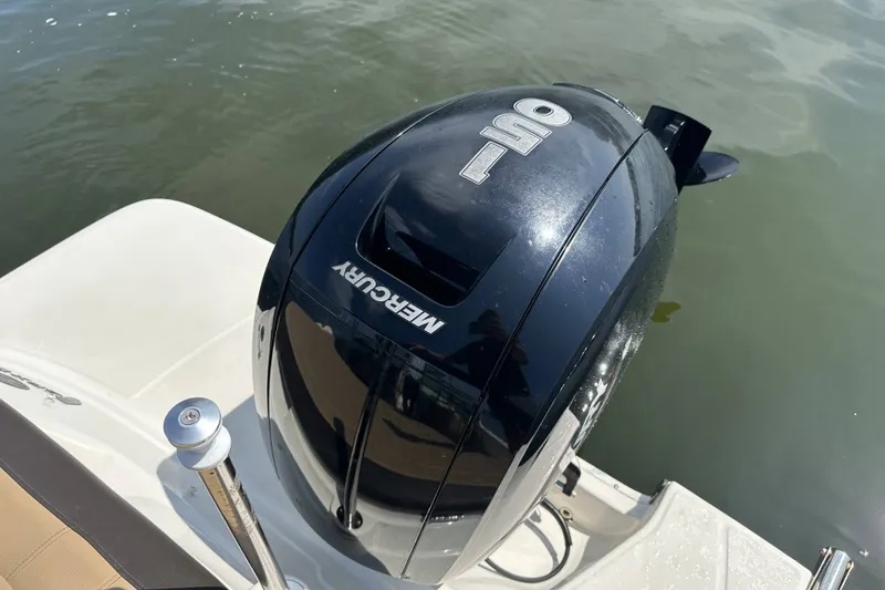 Slide: The Image of Outboard motor on 2020 Sea Ray SPX 190 boat, docked on calm water. - 11