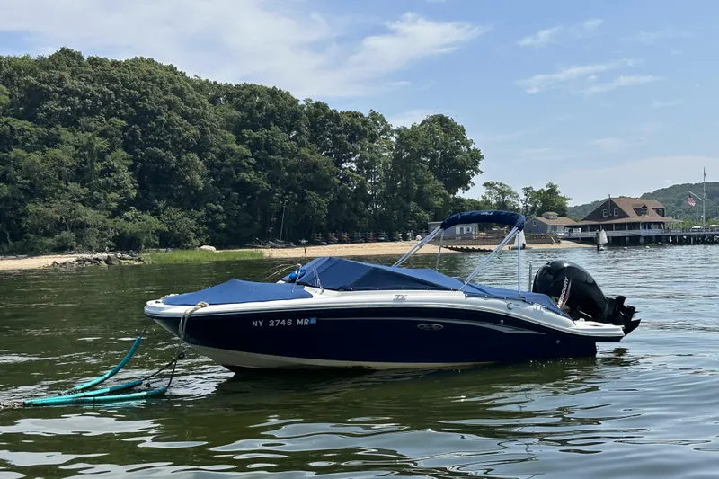 Slide: The Image of 2020 Sea Ray SPX 190 Outboard boat anchored near a scenic shoreline. - 0