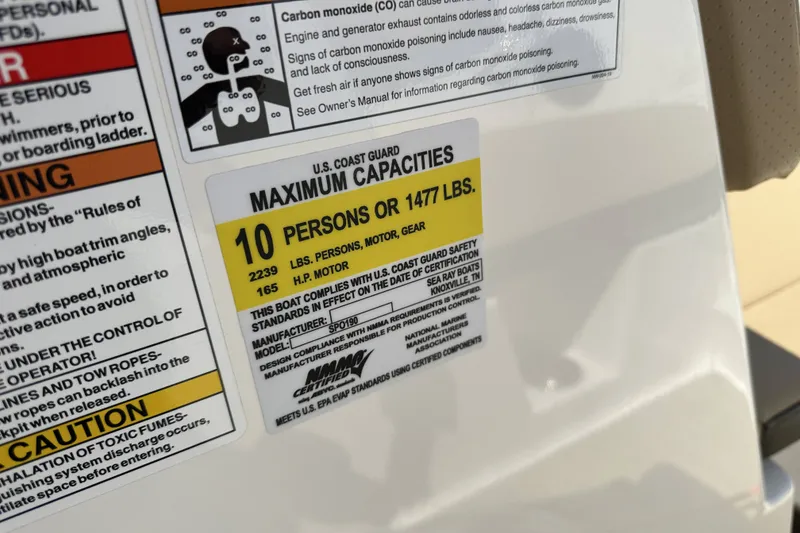 Slide: The Image of Capacity label on 2020 Sea Ray SPX 190 Outboard, maximum 10 persons or 1477 lbs. - 8