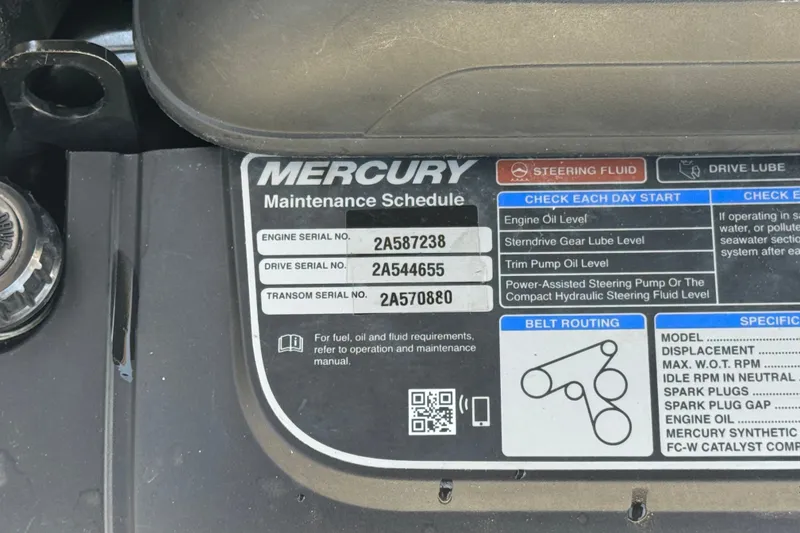 Slide: The Image of 2019 Bayliner 195 Deck Boat Mercury maintenance schedule with engine, drive, and transom serial numbers. - 20