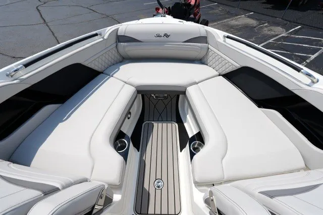Slide: The Image of 2027 Sea Ray SLX 280 boat interior with luxurious seating and sleek design. - 9