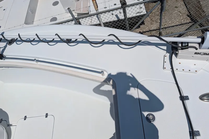 Slide: The Image of 2022 Yellowfin 36 Offshore boat deck with railing and shadow. - 42
