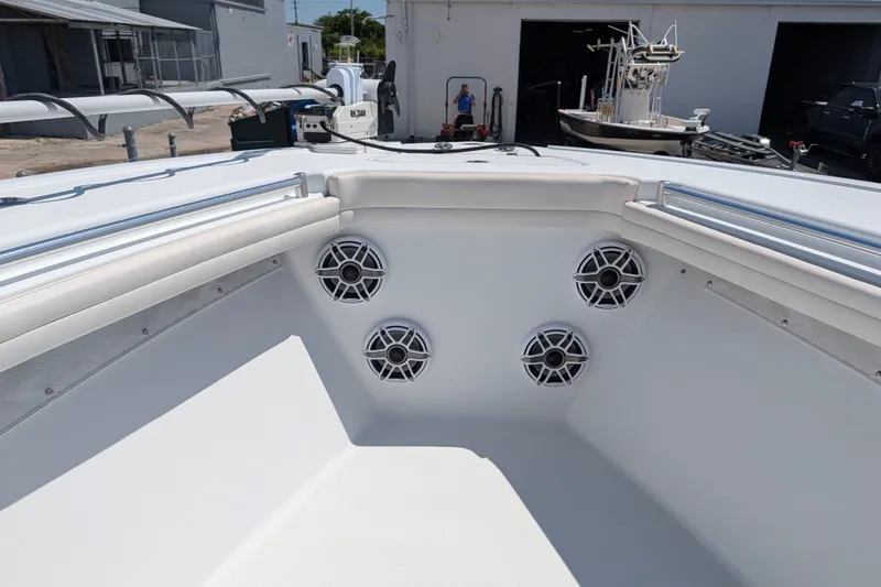 Slide: The Image of Interior view of 2022 Yellowfin 36 Offshore boat with speakers and seating. - 41