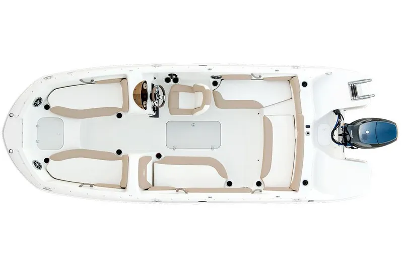 Slide: The Image of Manufacturer Provided Image: Top view of a 2020 Stingray 182 SC boat with beige seating and outboard motor. - 13
