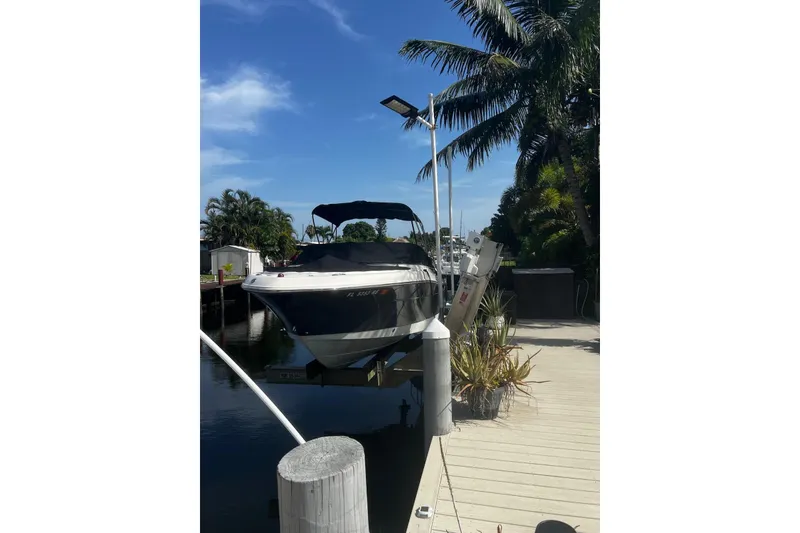 The Image of 2016 Robalo R227 Dual Console boat docked near palm trees under a clear blue sky. - 16