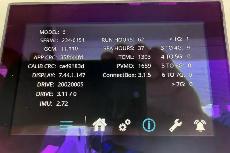 Slide: The Image of Display screen showing technical data for a 2024 Boston Whaler 380 Outrage boat. - 27