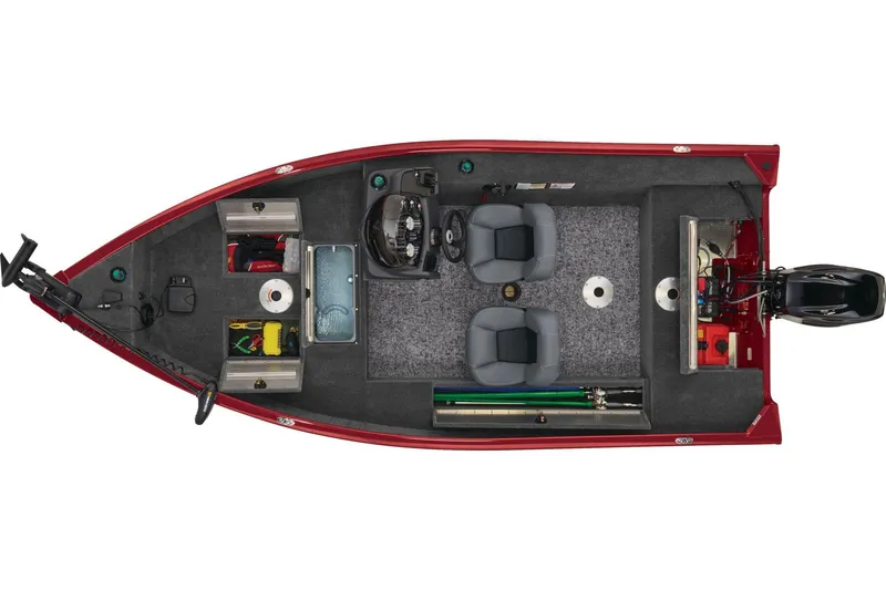 Slide: The Image of Manufacturer Provided Image: 2026 Tracker Super Guide V-16 SC fishing boat, top view, red exterior, dual seats, storage compartments. - 49