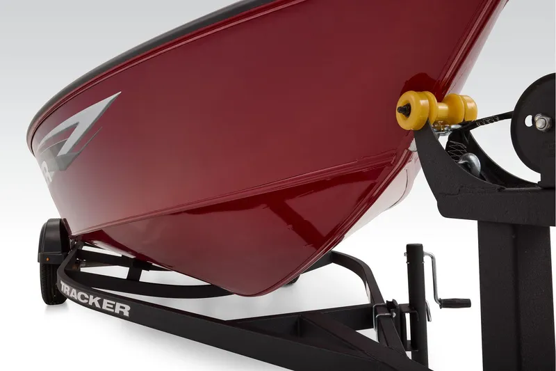 Slide: The Image of Manufacturer Provided Image: 2026 Tracker Super Guide V-16 SC boat on trailer, red hull, close-up view. - 15