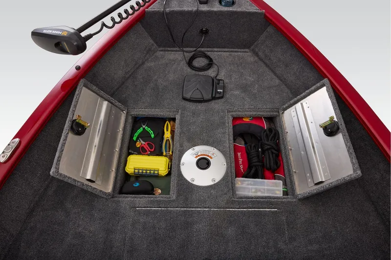 Slide: The Image of Manufacturer Provided Image: 2026 Tracker Super Guide V-16 SC boat storage compartments with fishing gear and accessories. - 18
