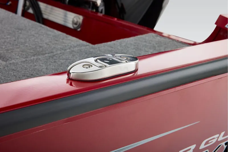 Slide: The Image of Manufacturer Provided Image: 2026 Tracker Super Guide V-16 SC boat detail with sleek red finish and chrome hardware. - 35