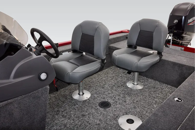 Slide: The Image of Manufacturer Provided Image: 2026 Tracker Super Guide V-16 SC boat interior with two gray seats and steering console. - 27