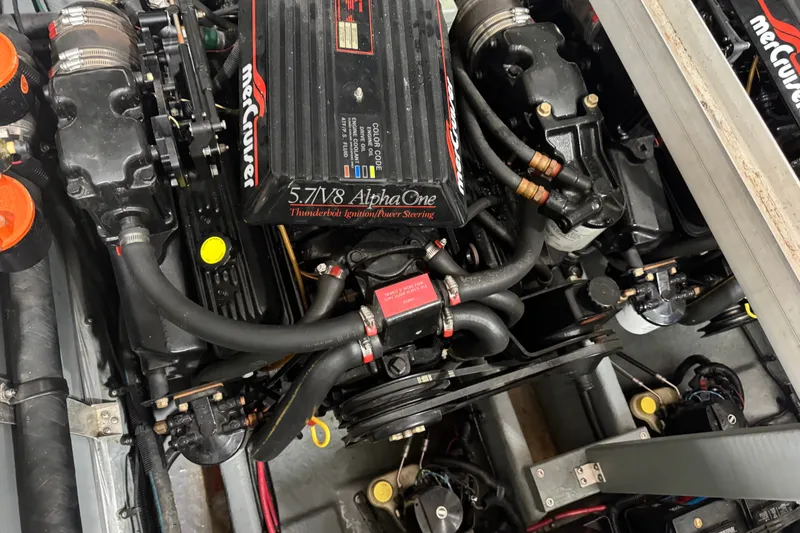 Slide: The Image of Engine compartment of a 1994 Sea Ray 300 Sundancer with MerCruiser 5.7L V8 engine. - 18