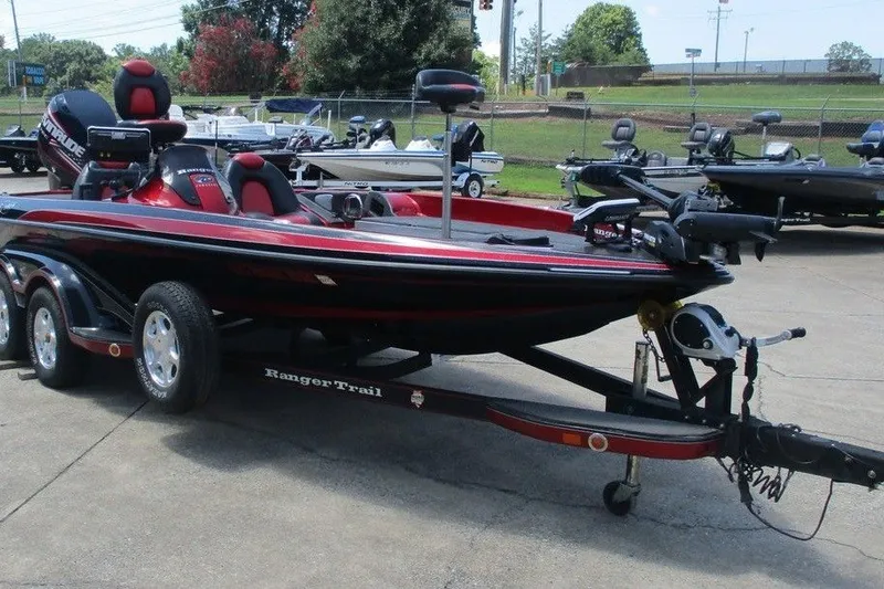 Slide: The Image of 2008 Ranger Z19 Comanche bass boat on trailer, parked outdoors. - 1