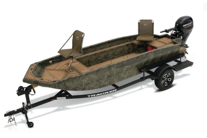 The Image of 2027 Tracker Grizzly 1650 T Prairie Wings Edition boat on trailer, featuring camouflage design. - 1