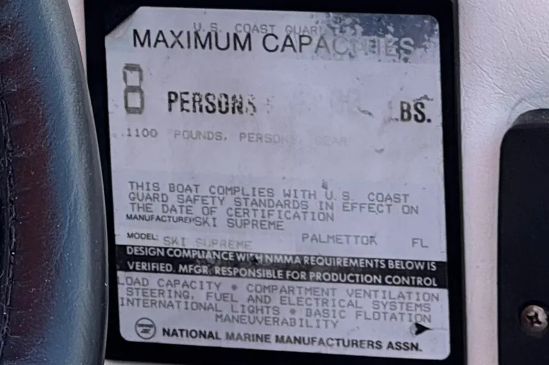 Slide: The Image of Capacity label for 1991 Ski Supreme MS Tournament Series boat, maximum 8 persons, 1100 pounds. - 22
