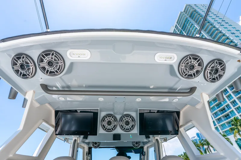 Slide: The Image of 2024 Solace 41CS boat interior with speakers and screens, showcasing modern design features. - 30
