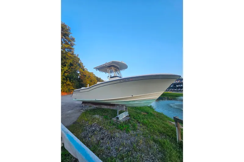 The Image of 2021 Grady-White Fisherman 236 boat on land near water, clear sky background. - 0