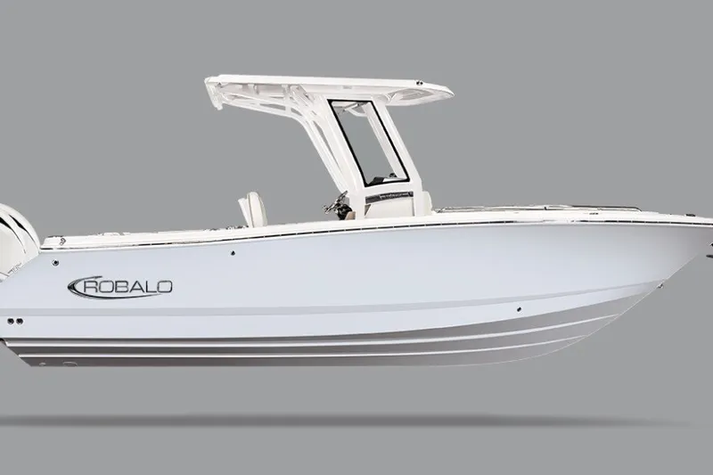 The Image of 2027 Robalo R250 Center Console boat, sleek design, side view on gray background. - 0