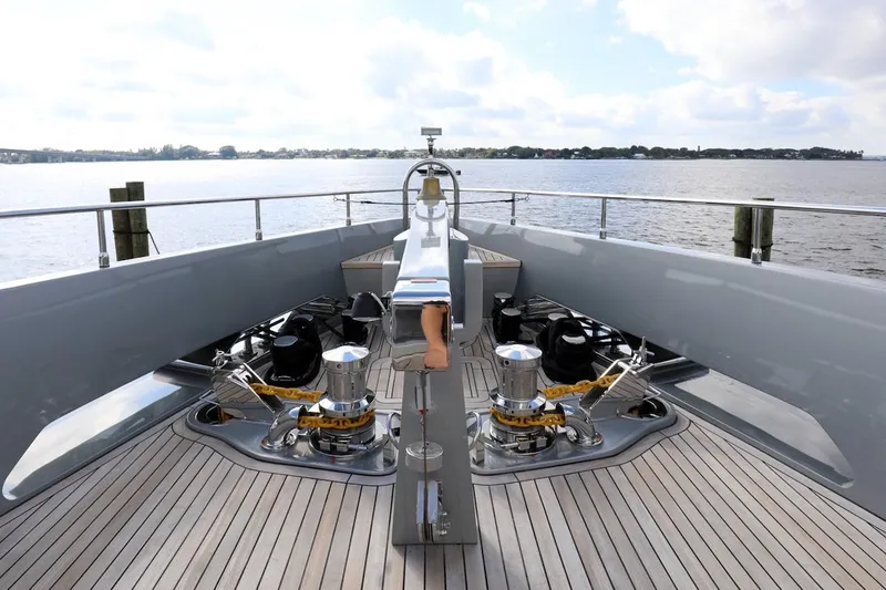 Slide: The Image of Bow of 2025 Majesty 120 yacht with winches and ocean view. - 20