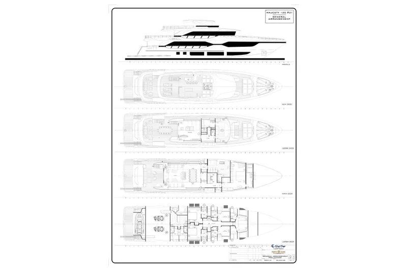 Slide: The Image of Blueprint of 2024 Majesty 120 yacht, showcasing detailed deck layouts and profile view. - 53
