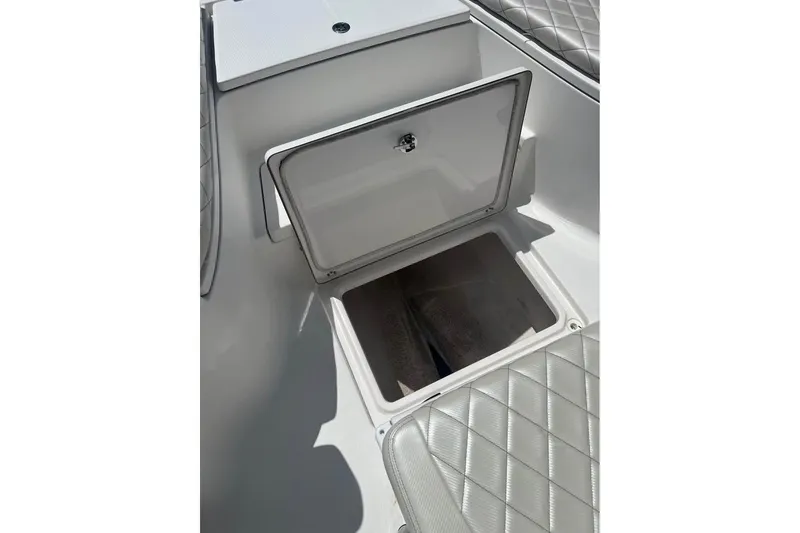 Slide: The Image of Open storage compartment on 2019 Blue Wave 2800 Pure Hybrid boat with quilted seating. - 11