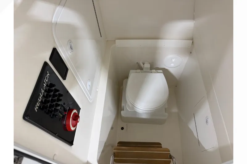 Slide: The Image of 2015 Regulator 23 boat interior with toilet and control panel. - 28